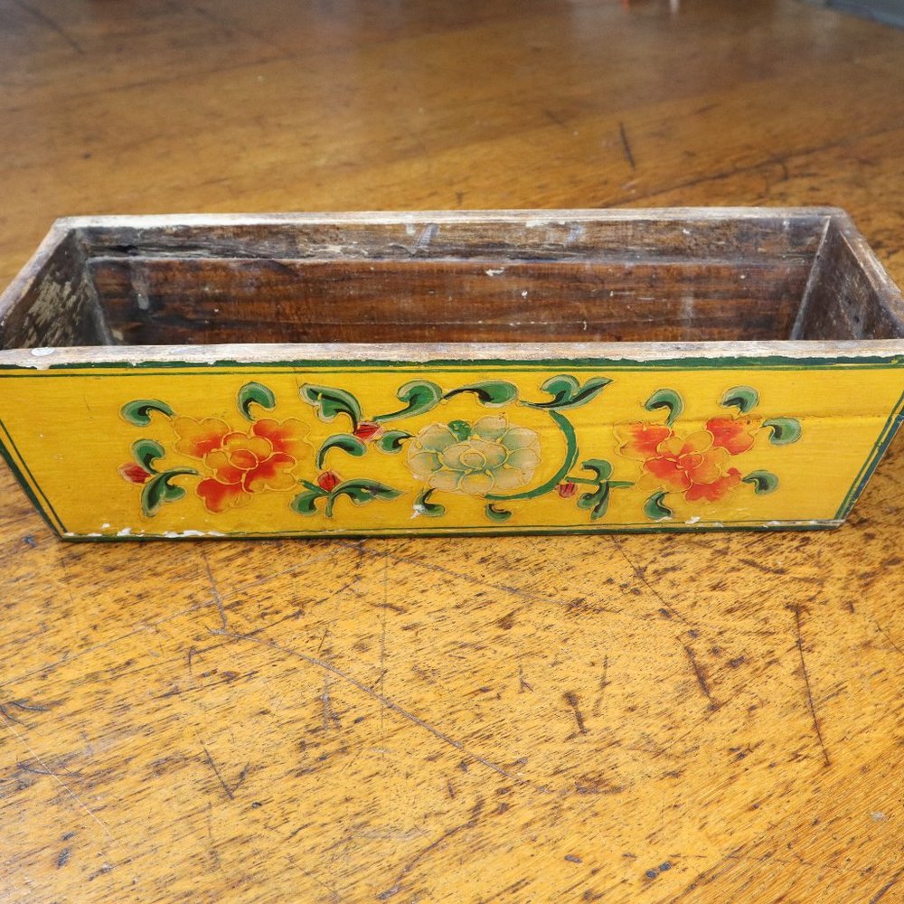 Old Painted Wooden Rectangular Deep Container Bowl